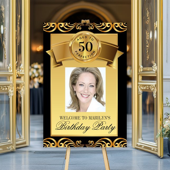 Photo Birthday Party Welcome Sign Any Number (Elegant black and gold any party and event welcome sign. Add your text, photo, image, logo, etc.)