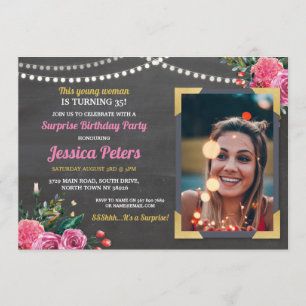 Photo Birthday Pink Floral Chalk Any Age Women Invitation
