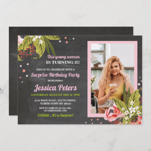 Photo Birthday Pink Floral Chalk Women Flowers Invitation