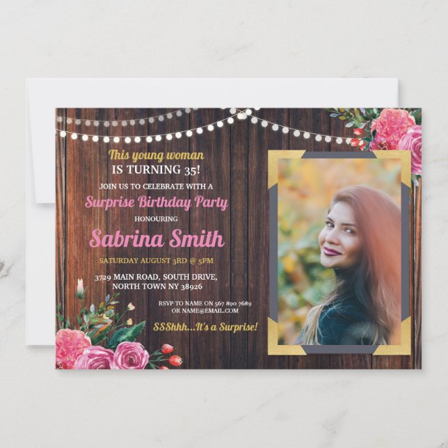 Photo Birthday Pink Floral Invite Any Age Women (Front)