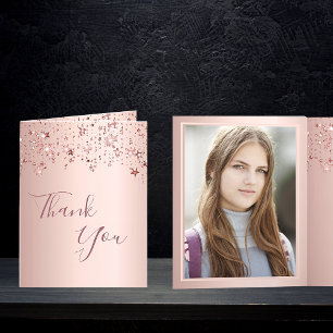 Photo birthday rose gold stars thank you card
