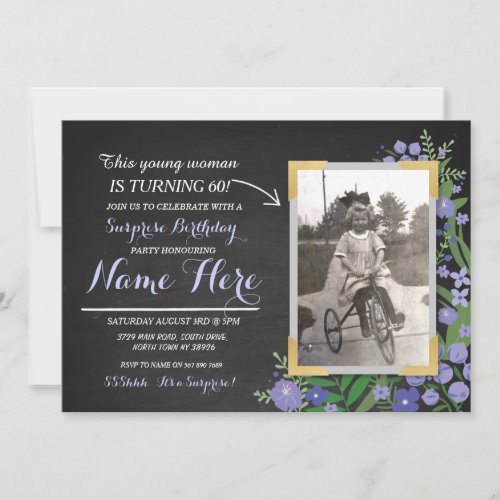 Photo Birthday Vintage Chalk Floral Invite Womens