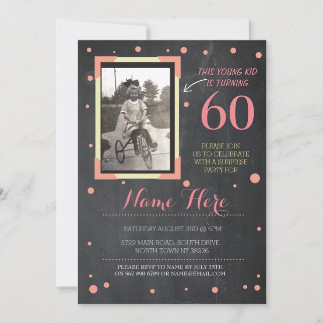 Photo Birthday Vintage Style Chalk Pink Invitation (Front)