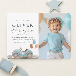 Photo Birthday Watercolor Blue Car Boys Party Invitation