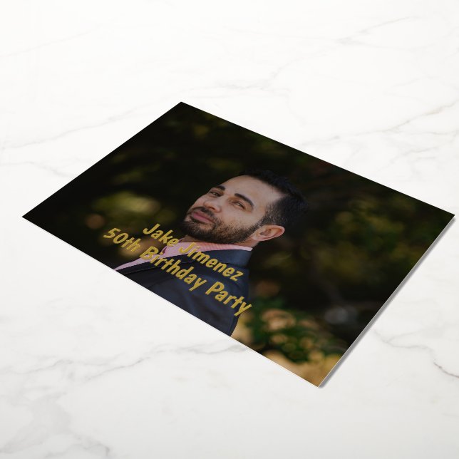  Photo Black 50th Surprise Birthday Gold Foil Invitation (Rotated)