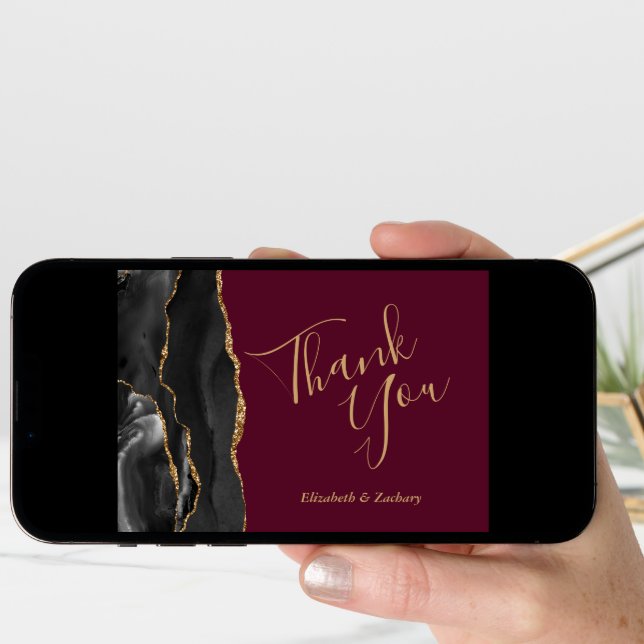 Photo Black Agate Gold Burgundy Wedding Thank You Card (Front Digital)