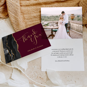 Photo Black Agate Gold Burgundy Wedding Thank You Card