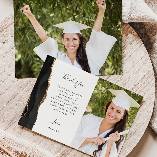 Photo Black Agate Gold Script Graduation Thank You Card (Creator Uploaded)
