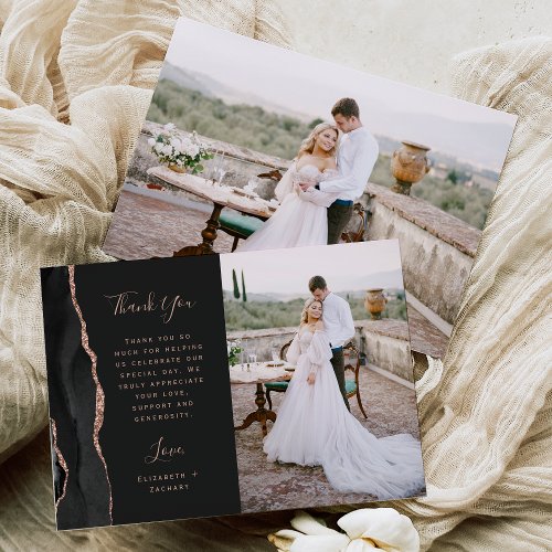 Photo Black Agate Rose Gold Script Wedding Thank You Card