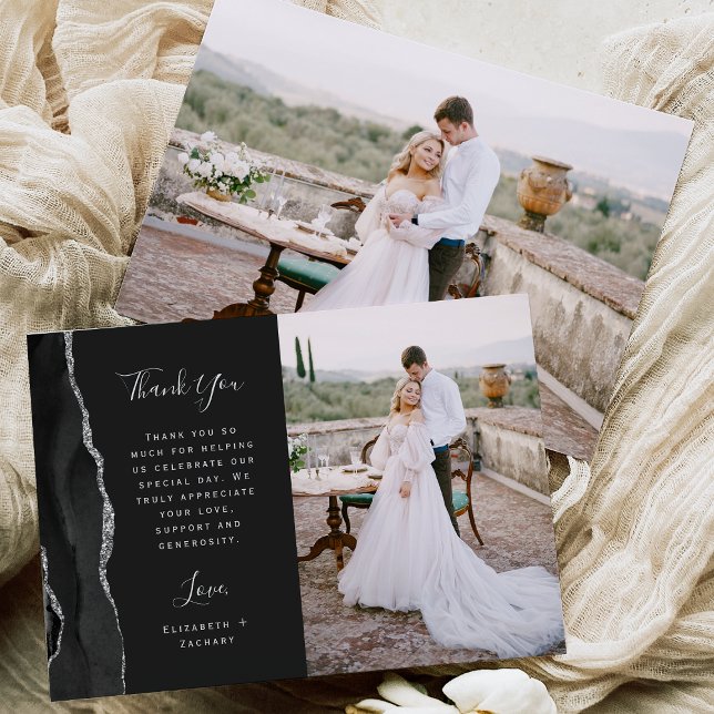 Photo Black Agate Silver Script Wedding Thank You Card (Creator Uploaded)