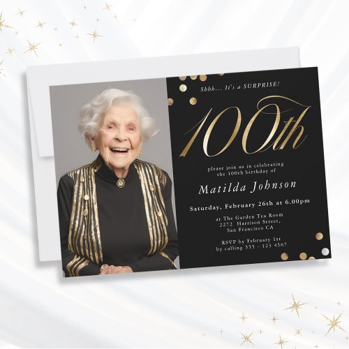 Photo Black and Gold 100th Birthday Surprise Party Invitation