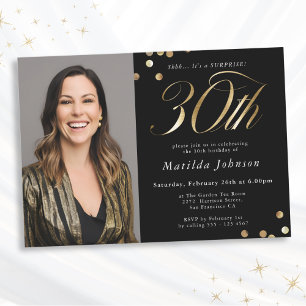 Photo Black and Gold 30th Birthday Surprise Party Invitation