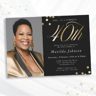Photo Black and Gold 40th Birthday Surprise Party Invitation