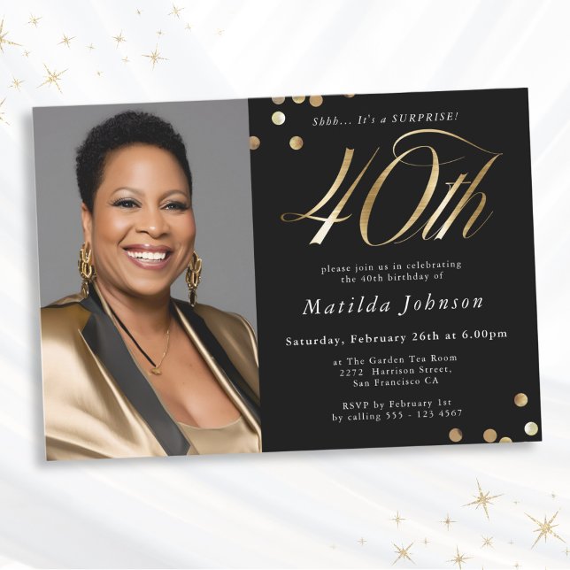 Photo Black and Gold 40th Birthday Surprise Party Invitation (Mockup View)