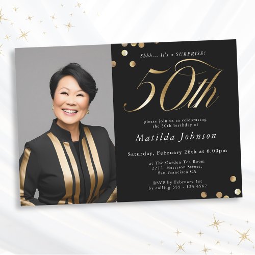 Photo Black and Gold 50th Birthday Surprise Party Invitation