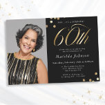 Photo Black and Gold 60th Birthday Surprise Party Invitation<br><div class="desc">Photo Black and Gold 60th Birthday Surprise Party Invitation. This design embraces a black and gold minimalist theme that exudes modern elegance. The invitation features a sleek black background, providing a sophisticated canvas for the opulent gold accents. Modern, stylish typography takes center stage, with serif fonts, creating a striking and...</div>