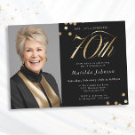 Photo Black and Gold 70th Birthday Surprise Party Invitation<br><div class="desc">Photo Black and Gold 70th Birthday Surprise Party Invitation. This design embraces a black and gold minimalist theme that exudes modern elegance. The invitation features a sleek black background, providing a sophisticated canvas for the opulent gold accents. Modern, stylish typography takes center stage, with serif fonts, creating a striking and...</div>