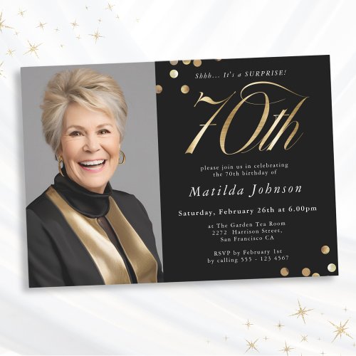 Photo Black and Gold 70th Birthday Surprise Party Invitation