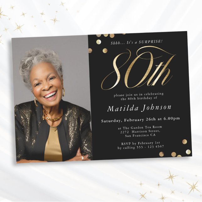 Photo Black and Gold 80th Birthday Surprise Party Invitation (Mockup View)