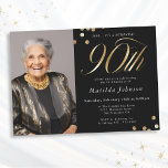 Photo Black and Gold 90th Birthday Surprise Party Invitation<br><div class="desc">Photo Black and Gold 90th Birthday Surprise Party Invitation. This design embraces a black and gold minimalist theme that exudes modern elegance. The invitation features a sleek black background, providing a sophisticated canvas for the opulent gold accents. Modern, stylish typography takes center stage, with serif fonts, creating a striking and...</div>