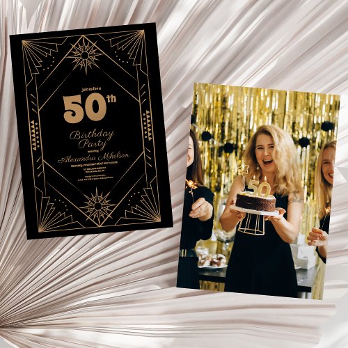 Photo  Black and Gold Art Deco 50th Birthday Invitation