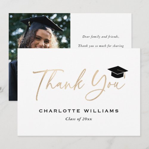 Photo Black and Gold Foil Graduation Cap Modern Thank You Card