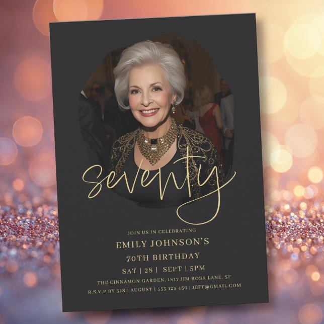 Photo Black and Gold Script 70th Birthday Invitation (Photo Black and Gold Script 70th Birthday Invitation)