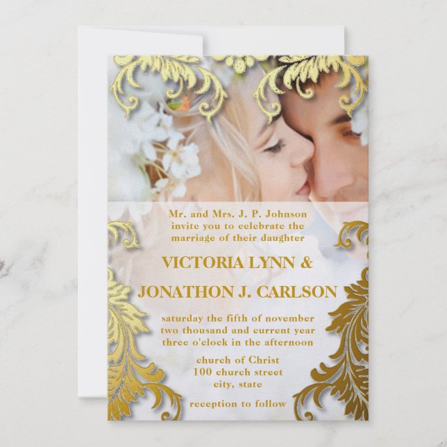 Photo Black and Gold Swirl Wedding Invitation (Front)
