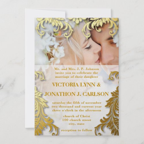 Photo Black and Gold Swirl Wedding Invitation