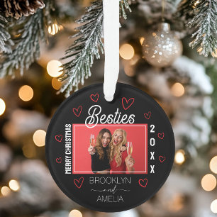 Photo Black and Red Hearts Besties Christmas Ornament