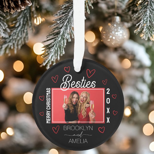  Photo Black and Red Hearts Besties Christmas Ornament (Photo Black and Red Hearts Besties Christmas Ornament)