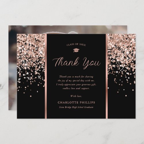 Photo Black and Rose Gold Confetti Graduation Thank You Card