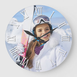 Photo Black and White Bold Roman Numerals Large Clock