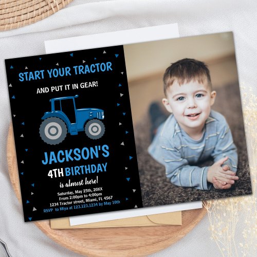 Photo Black Blue Tractor Birthday Invitations