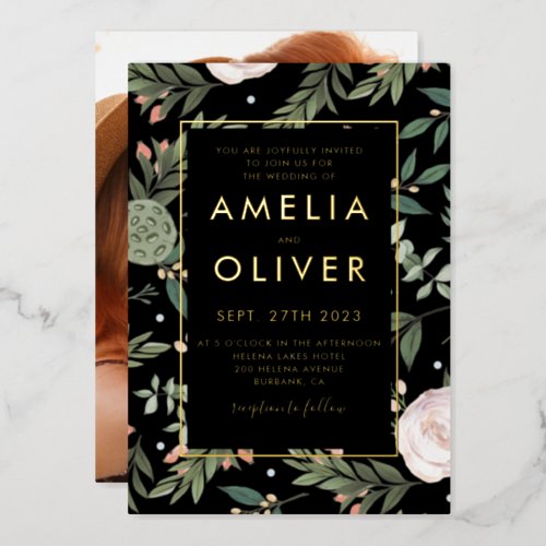 Photo Black Blush Floral Wedding Gold Foil Foil Invitation