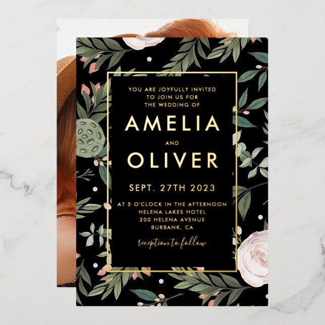 Photo Black Blush Floral Wedding Gold Foil Foil Invitation (Front/Back)