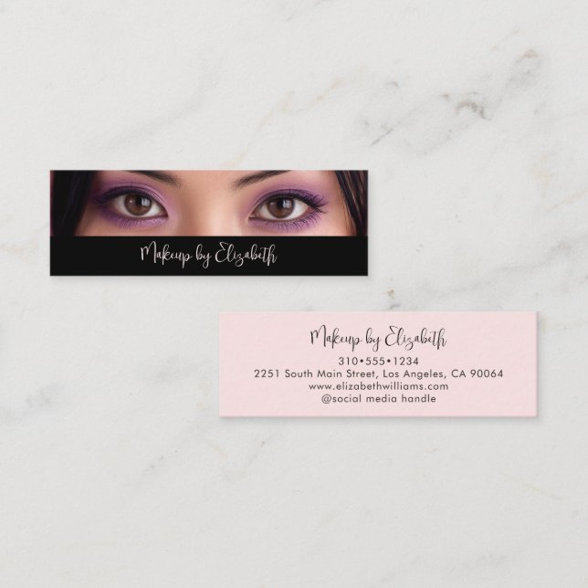 Photo Black Blush Pink Script Makeup Artist Modern Mini Business Card (Front/Back)