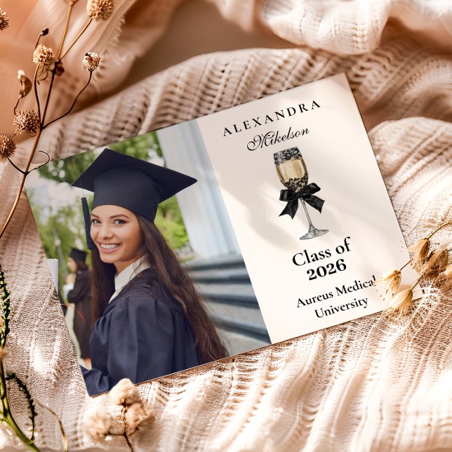 Photo Black Bow Pearl Champagne Graduation Announcement (Creator Uploaded)