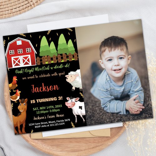 Photo Black Brown Green Farm Birthday Invitations