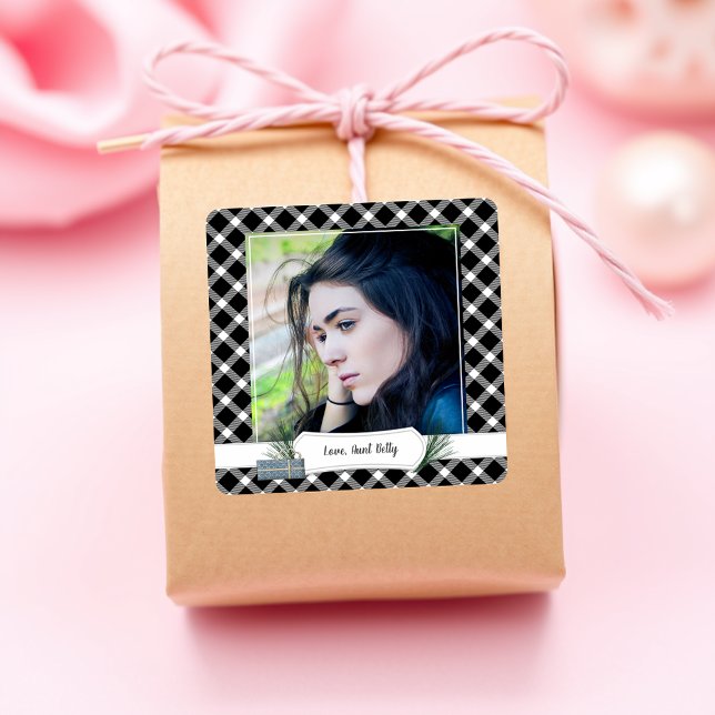 Photo Black Check Christmas Gift Tag Stickers (Creator Uploaded)