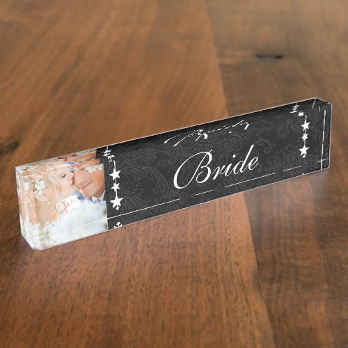 Photo Black Damask Bride Love Bird Wedding Name Plate