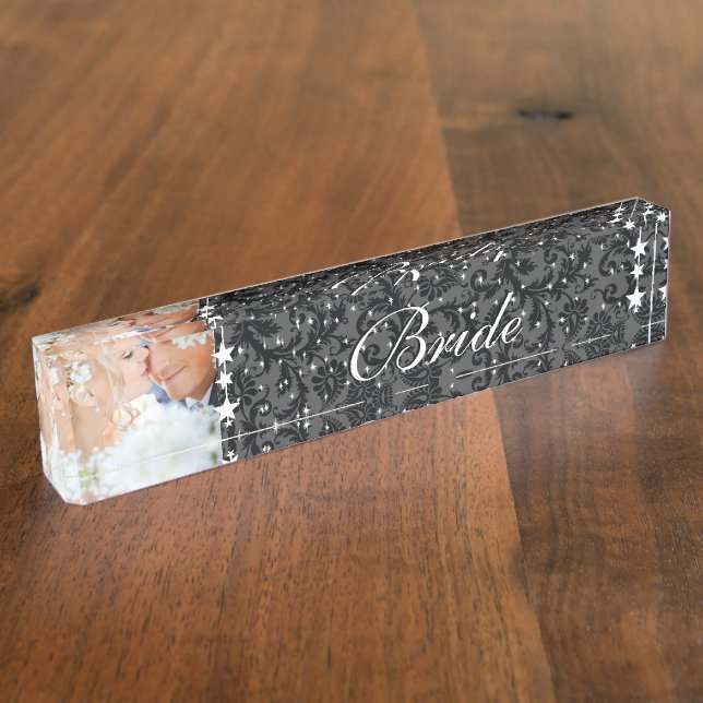 Photo Black Damask Bride Love Bird Wedding Nameplate (Side)