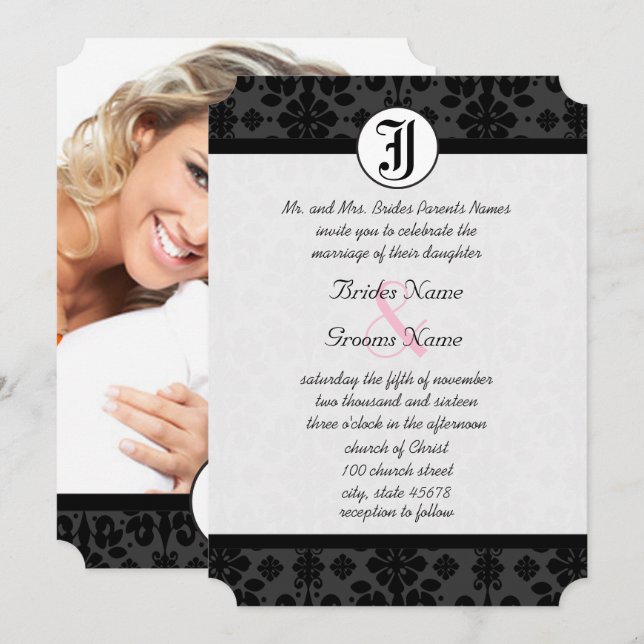 Photo Black Damask Wedding Invites (Front/Back)