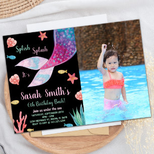 Photo Black Dark Purple Mermaid Tail Birthday Invitation
