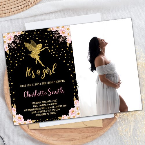Photo Black Fairy Floral Baby Shower Invitations