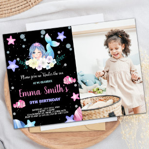 Photo Black Floral Under the sea Mermaid Birthday Invitation