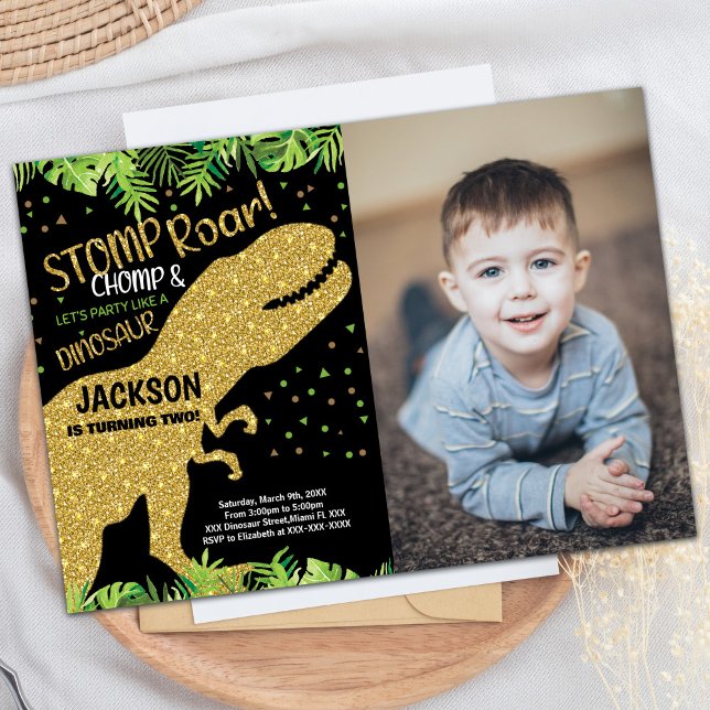 Photo Black Glitter Dinosaur Birthday Invitations (Photo Black Glitter Dinosaur Birthday Invitations)