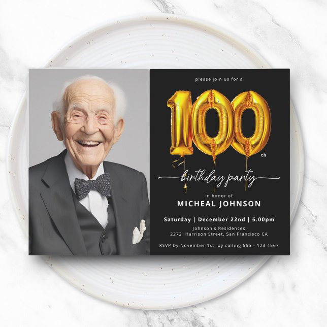 Photo Black Gold 100th Birthday Invitation (Photo Black Gold 100th Birthday Invitation)
