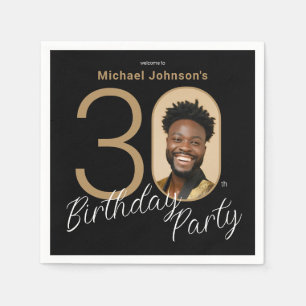 Photo Black Gold 30th Birthday Napkins