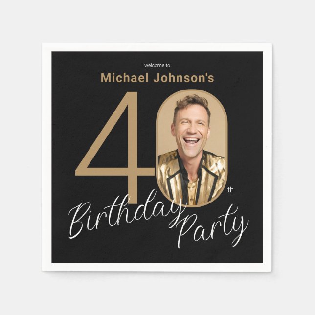 Photo Black Gold 40th Birthday  Napkins (Front)